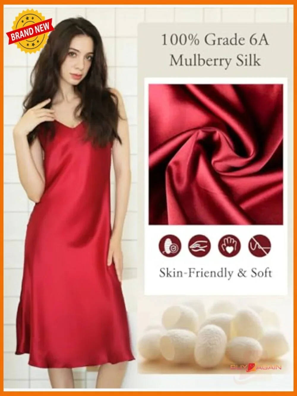 6A Mulberry Silk Nightgown V-Neck Adjustable Spaghetti Straps Sleeveless